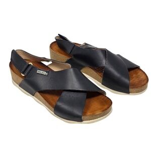Pikolinos Mahon Black Leather Platform Wedge Slingback Sandals Womens Size 6.5